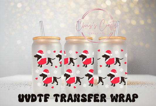 UVDTF Wrap Santa Dachshund 16oz Can Glass Mug Tumbler, Dachshund Wrap, Ready to apply, Double sided print, Permanent Adhesive