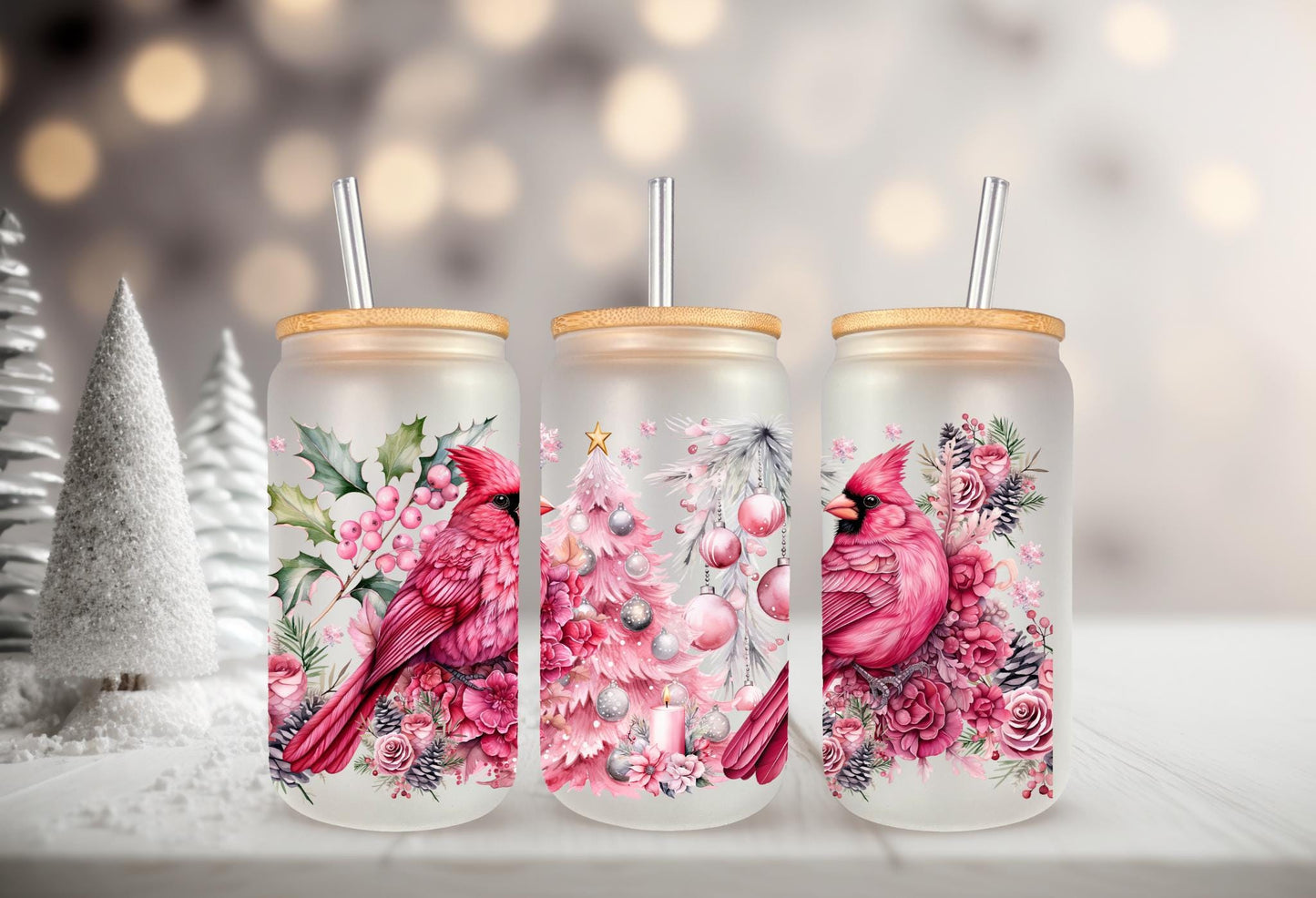 UVDTF WRAP Cardinal Pink Christmas Tree 16 oz Can Glass Mug Tumbler, Christmas Wrap, Ready to apply, Waterproof Permanent Adhesive