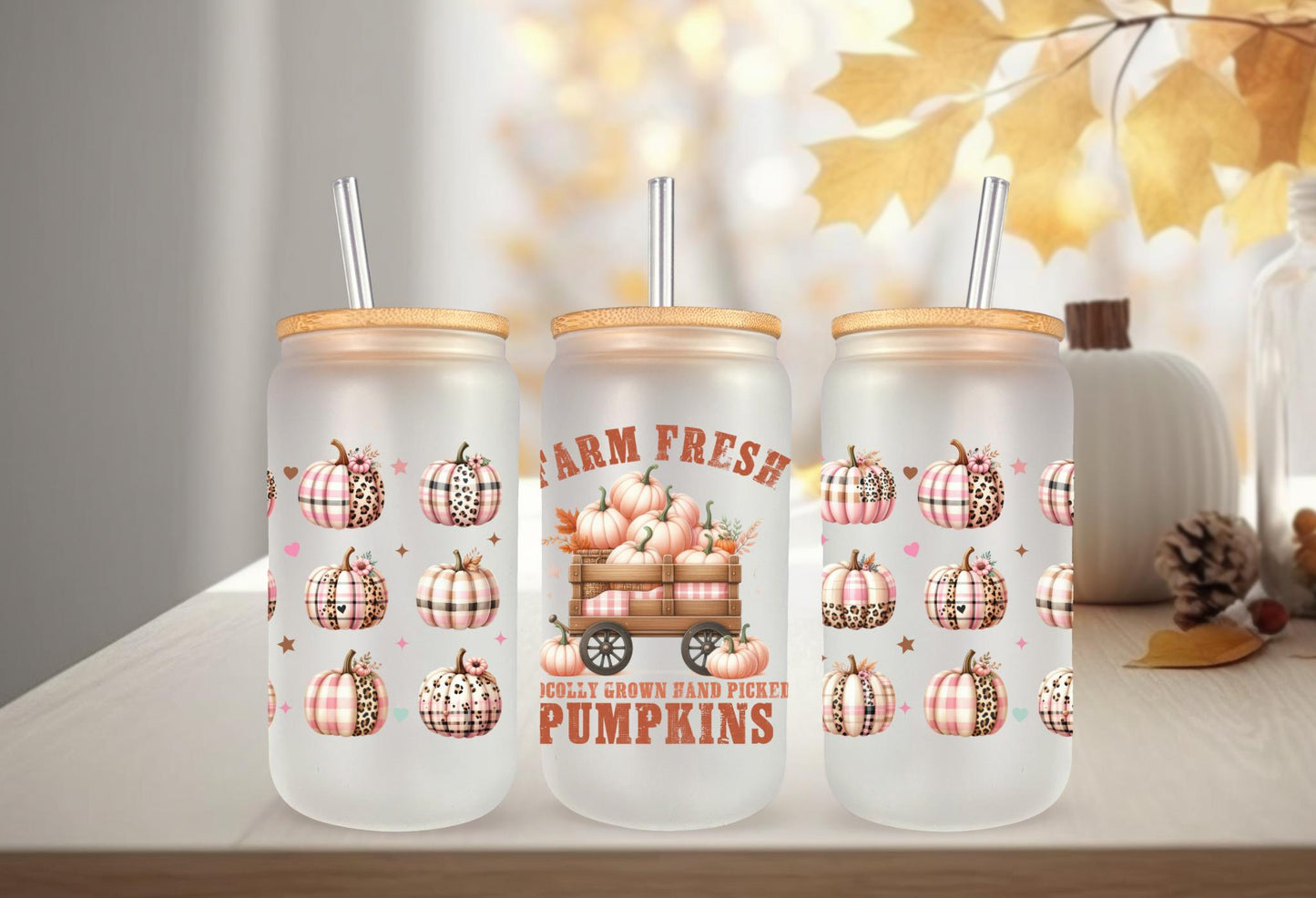 UVDTF Wrap Farm Fresh Pumpkins for 16oz Can Glass or 40oz Tumbler, Ready to apply, Permanent adhesive, Double Sided option
