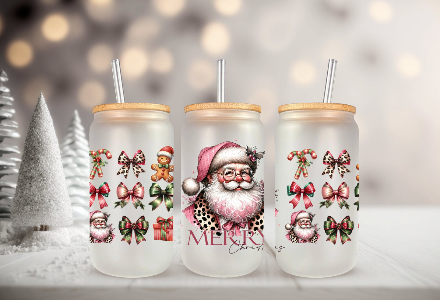 UVDTF Wrap Santa Merry Christmas Coquettes Bows 16oz Can Glass, Mug, Tumbler, Ready to Apply, Permanent Waterproof Adhesive