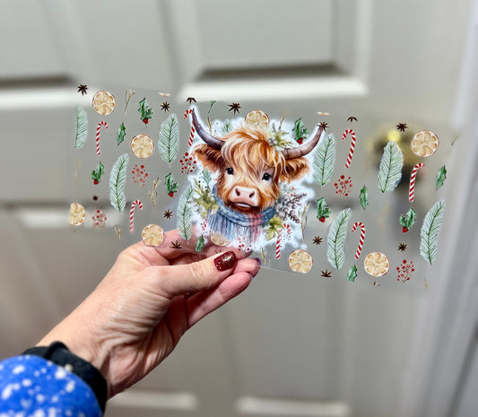 UVDTF Wrap Highland Cow Winter Garland for 16oz Can Glass Mug Tumbler, Ready to Apply, Permanent Waterproof Adhesive