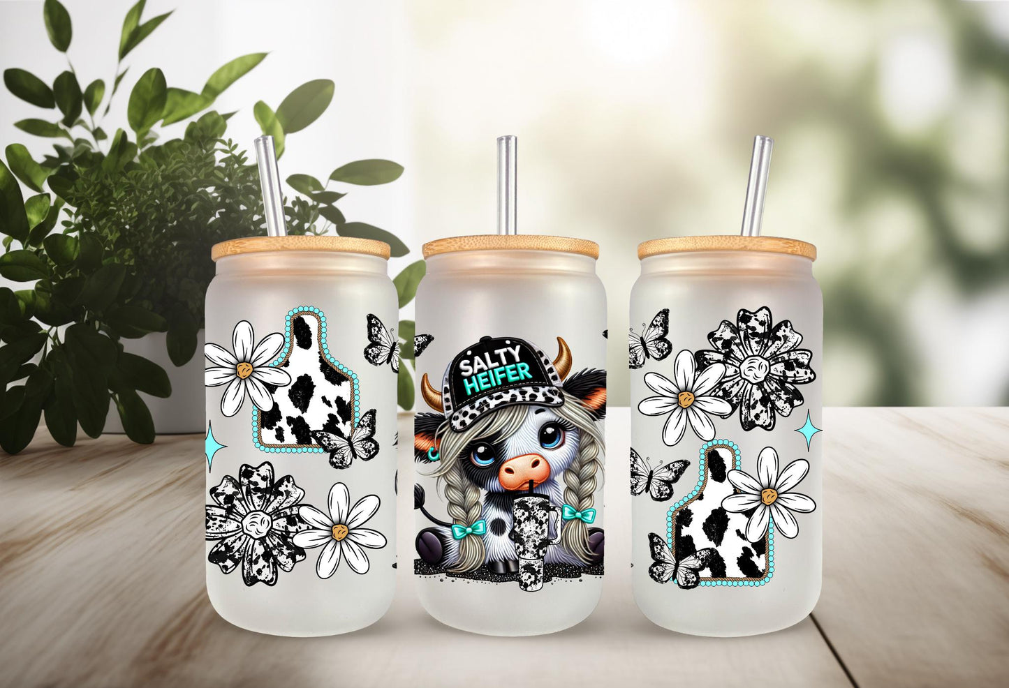 UVDTF Wrap Highland Cow Salty Heifer 16oz Can Glass Mug Tumbler Wrap, Cow Print, Ready to apply, Permanent Waterproof Adhesive