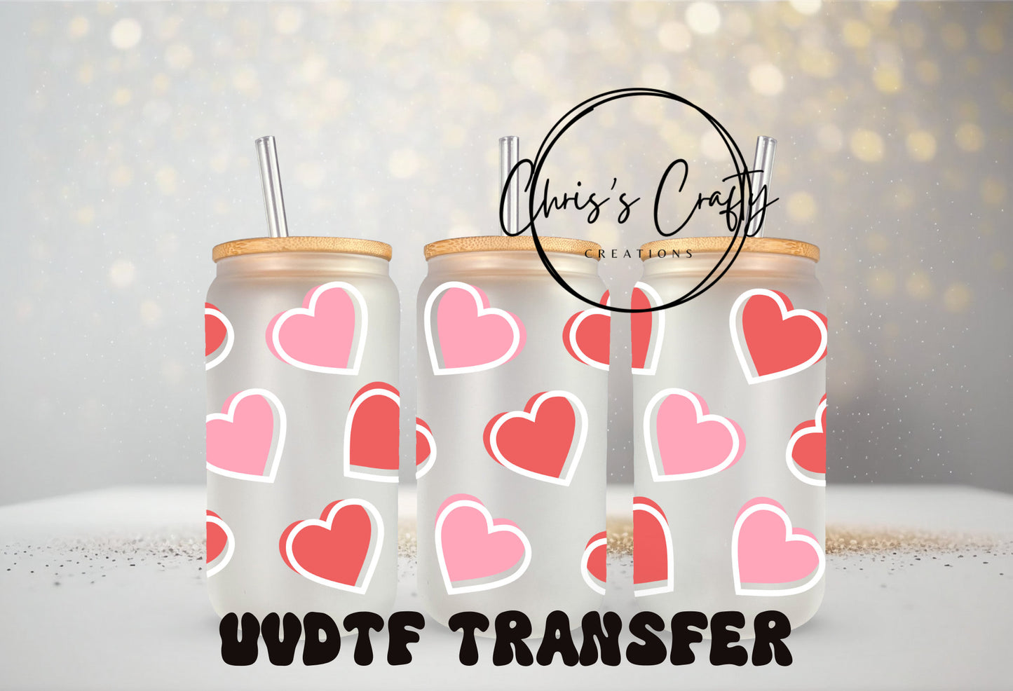 UVDTF Wrap Valentines Pink Red Hearts for 20oz Can Glass Mug Tumbler, Ready to apply, Permanent Waterproof Adhesive