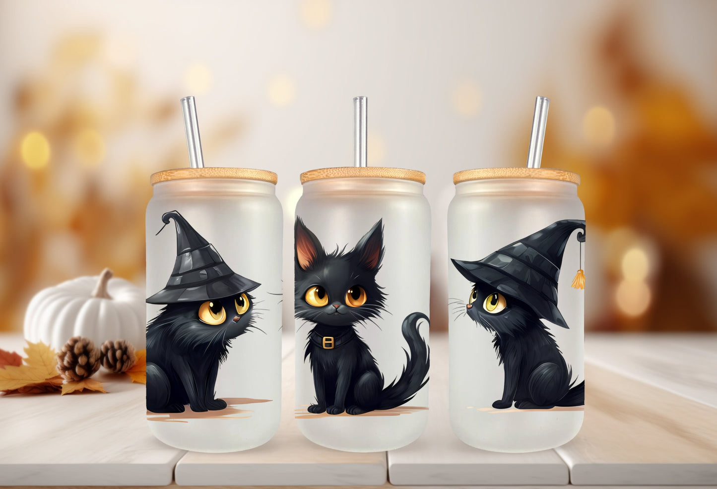 UVDTF Wrap Witch Black Cat 16oz Can Glass Mug Tumbler, Halloween wrap, Double Sided Print Option, Ready to Apply, Permanent Waterproof Adhesive