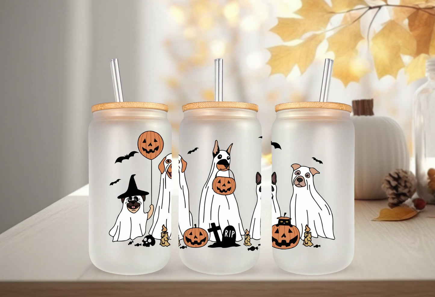 UVDTF Wrap Halloween Spooky Ghost Dogs for 16oz Can Glass Mug Tumbler, Ready to apply, Permanent adhesive, Double Sided option