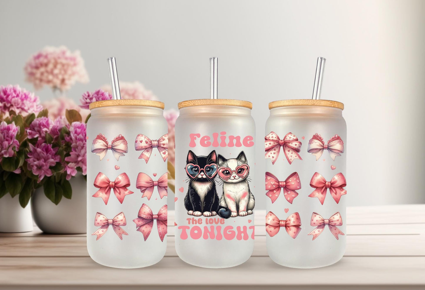UVDTF Wrap Valentine’s Cat Feline the Love Tonight 16oz Can Glass Mug Tumbler, Valentine wrap, Ready to Apply, Permanent Waterproof Adhesive
