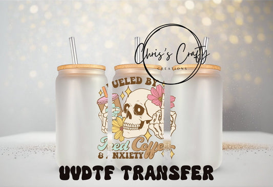 UVDTF Decal Retro Skeleton Fueled by Anxiety and Coffee Exclusive for 16oz 20oz Can Glass Mug Tumbler Ready to Apply, Permanent Adhesive