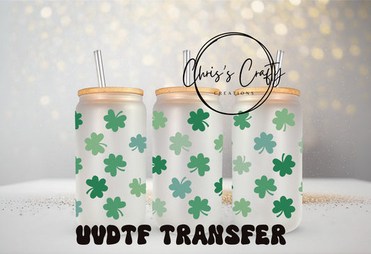 UVDTF Wrap Green Clover Shamrock 16oz Can Glass Mug Tumbler, Ready to apply, Permanent Waterproof Adhesive