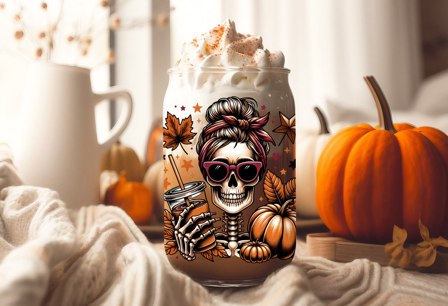 UVDTF Decal Fall Skeleton Pumpkin Iced Coffee 16oz Can Glass 40oz Tumbler or Mug, Ready to Apply, Permanent Waterproof Adhesive