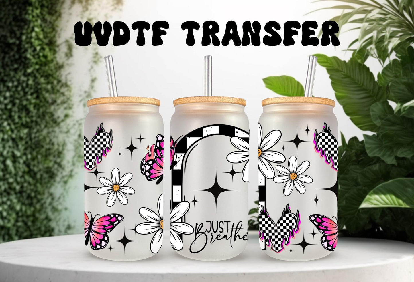 UVDTF Wrap Positive Saying Floral Butterfly 16oz Can Glass Mug Tumbler, Just Breathe Wrap, Ready to Apply, Permanent Waterproof Adhesive