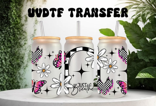 UVDTF Wrap Positive Saying Floral Butterfly 16oz Can Glass Mug Tumbler, Just Breathe Wrap, Ready to Apply, Permanent Waterproof Adhesive