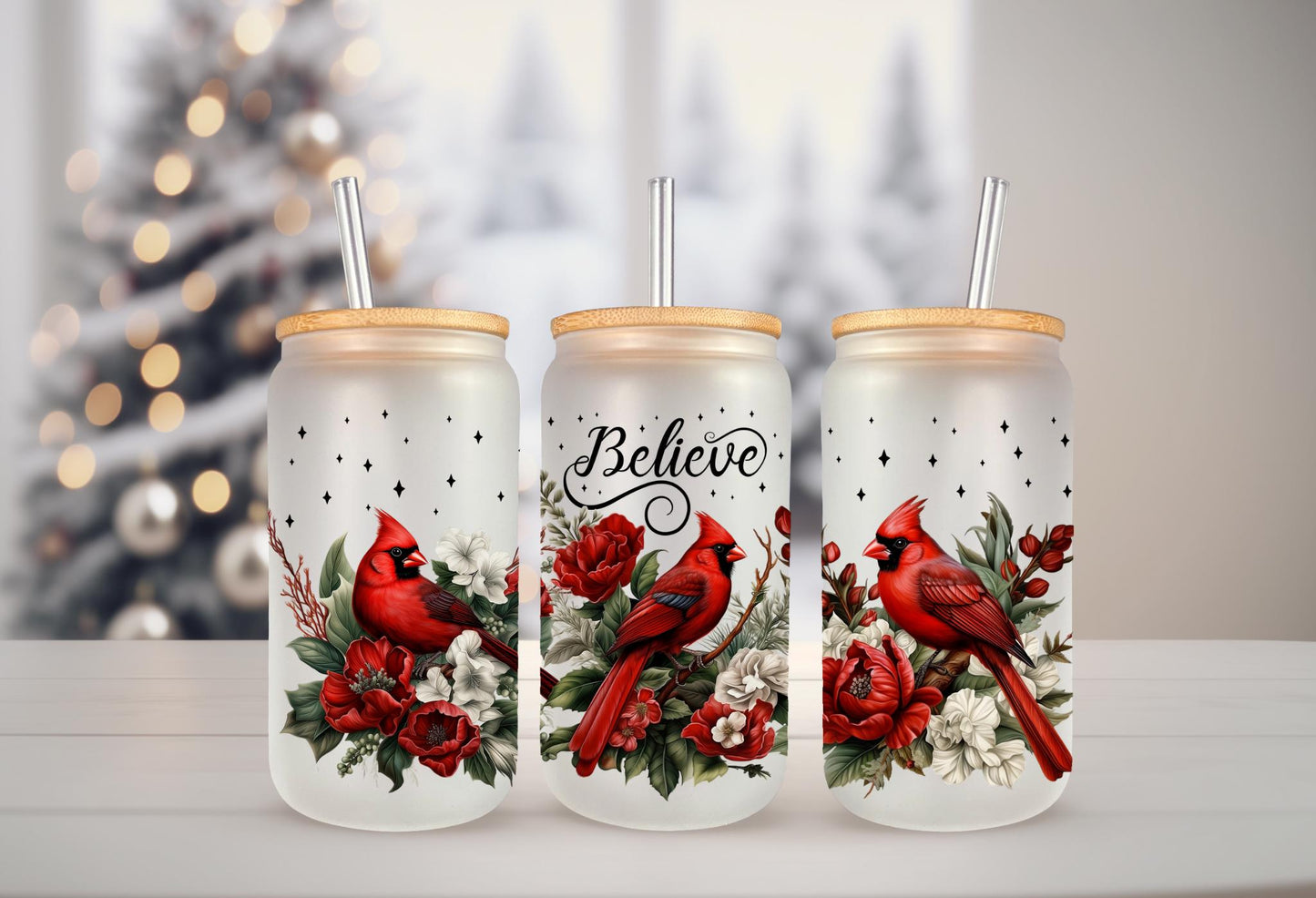 UVDTF WRAP Cardinal Believe Christmas 16oz Can Glass Mug Tumbler, Ready to apply, Waterproof Permanent Adhesive