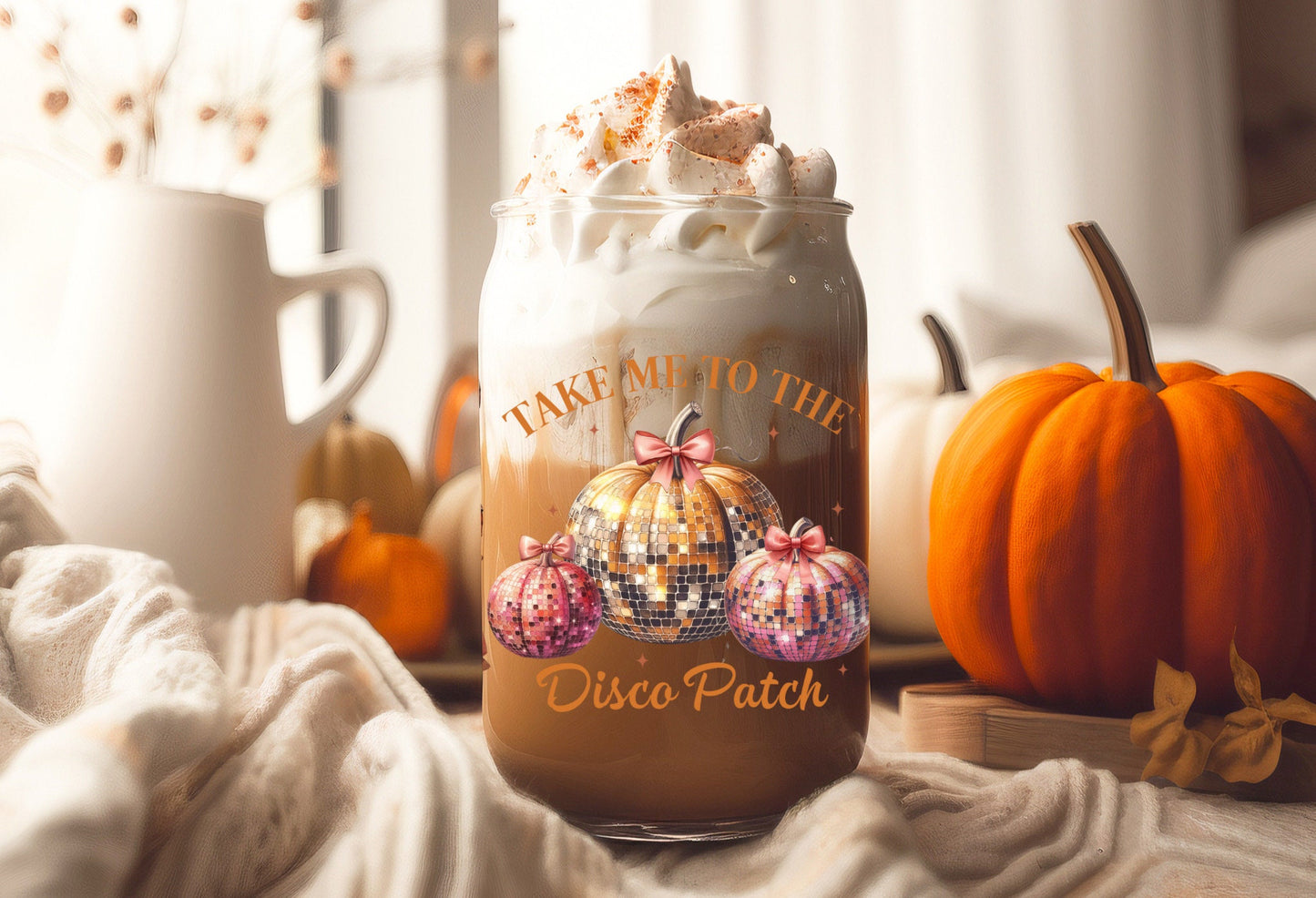 UVDTF Wrap Pumpkin Take Me to the Disco Patch for 16oz Can Glass Mug Tumbler, Ready to apply, Permanent Waterproof Adhesive, Double Sided option