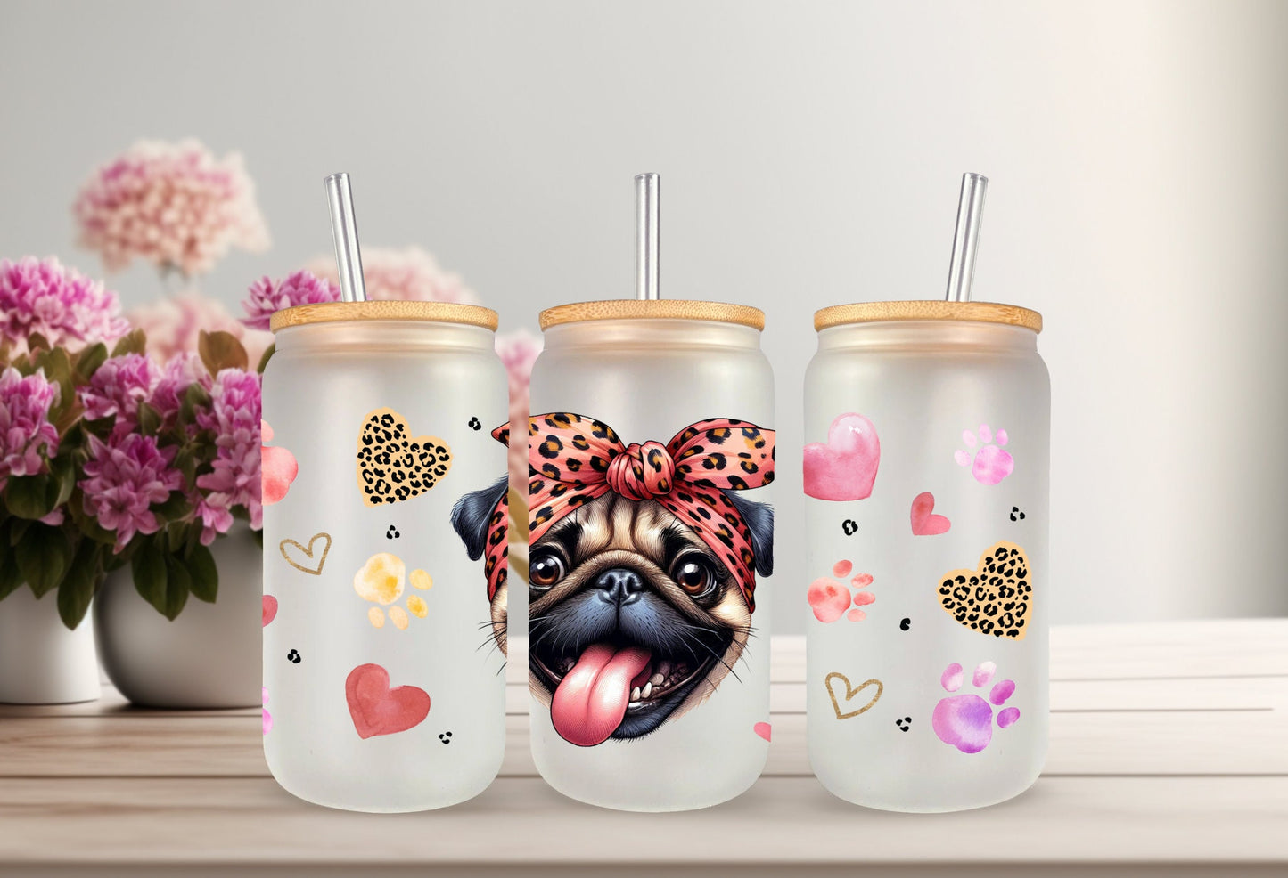 UVDTF Wrap Cute Pug 16oz Can Glass Wrap, Mug Tumbler, Dog Mom, Ready to apply, Permanent Adhesive, Double sided option