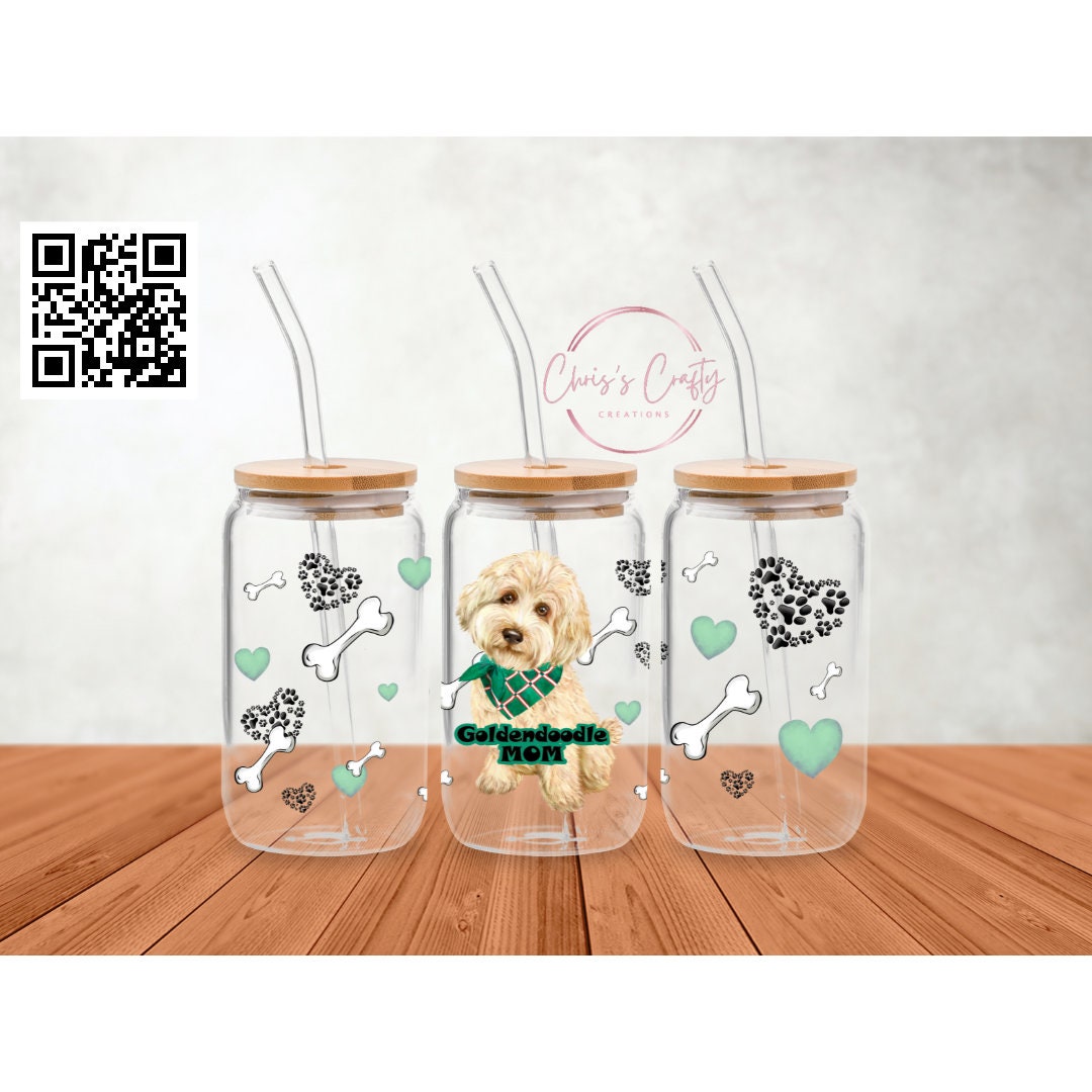UVDTF Wrap Goldendoodle MoM 16oz Can Glass Mug Tumbler, Dog Mom Wrap, Ready to Apply, Permanent Waterproof Adhesive