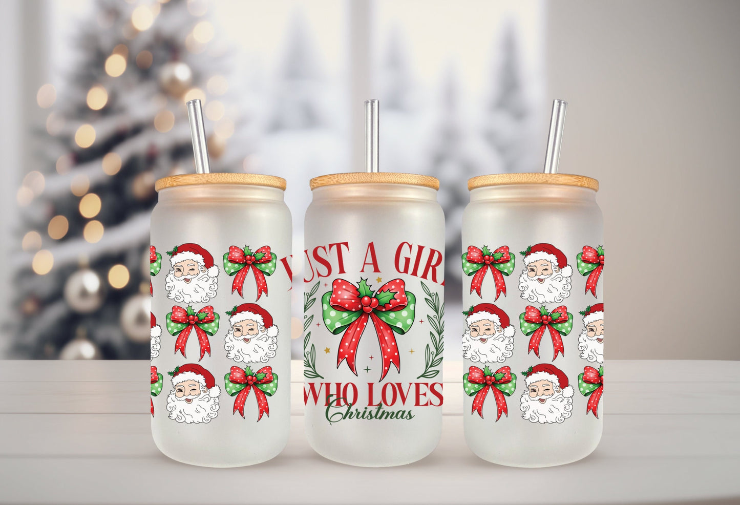 UVDTF Wrap Just a Girl Who Loves Christmas Coquettes Bows 16oz Can Glass, Mug,  40oz  Tumbler, Ready to apply, Christmas Wrap