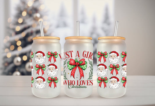 UVDTF Wrap Just a Girl Who Loves Christmas Coquettes Bows 16oz Can Glass, Mug,  40oz  Tumbler, Ready to apply, Christmas Wrap