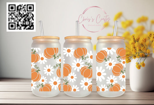 UVDTF Wrap Pumpkin Daisy 16oz Can Glass Mug Tumbler, Ready to apply, Permanent Waterproof Adhesive, Double Sided Option