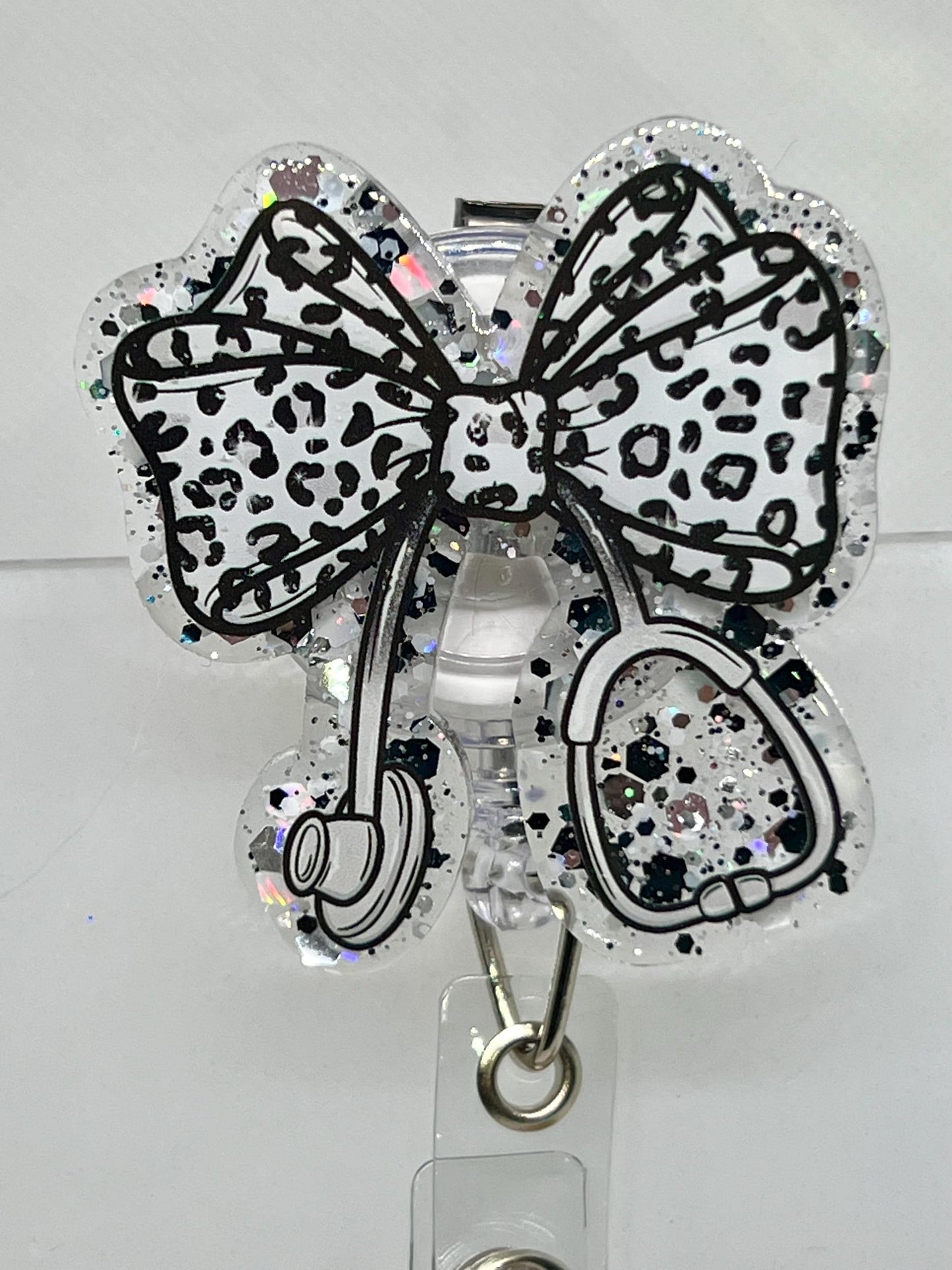 Badge Reel Stethoscope Bow Coquette, Leopard Bow Badge, Funny Sarcastic Badge Reel, Detachable Hook-and-Loop Option, Graduation & Office Gif