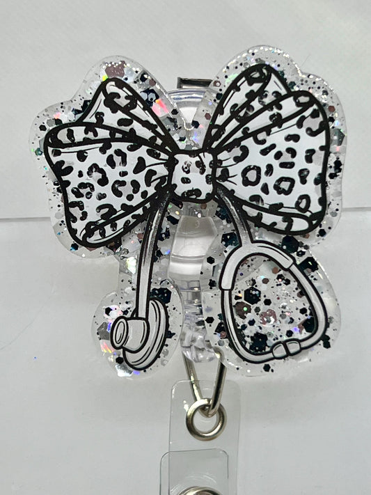 Badge Reel Stethoscope Bow Coquette, Leopard Bow Badge, Funny Sarcastic Badge Reel, Detachable Hook-and-Loop Option, Graduation & Office Gif