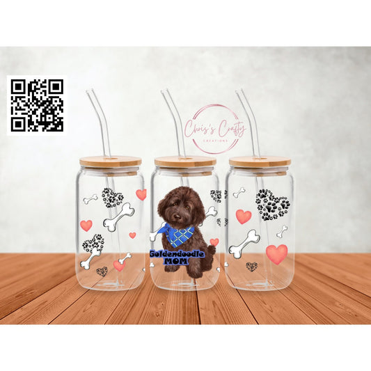 UVDTF Wrap Goldendoodle MoM 16oz Can Glass Mug Tumbler, Dog Mom Wrap, Ready to Apply, Permanent Waterproof Adhesive
