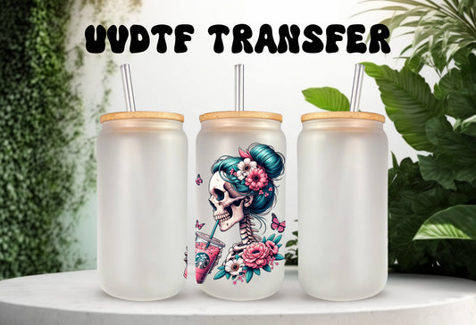 UVDTF Decal Retro Skeleton Girl Iced Coffee 16oz Can Glass, Mug, or Tumbler, Ready to Apply, Permanent Waterproof Adhesive, add on a cup