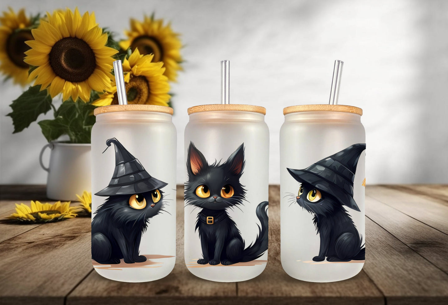 UVDTF Wrap Witch Black Cat 16oz Can Glass Mug Tumbler, Halloween wrap, Double Sided Print Option, Ready to Apply, Permanent Waterproof Adhesive