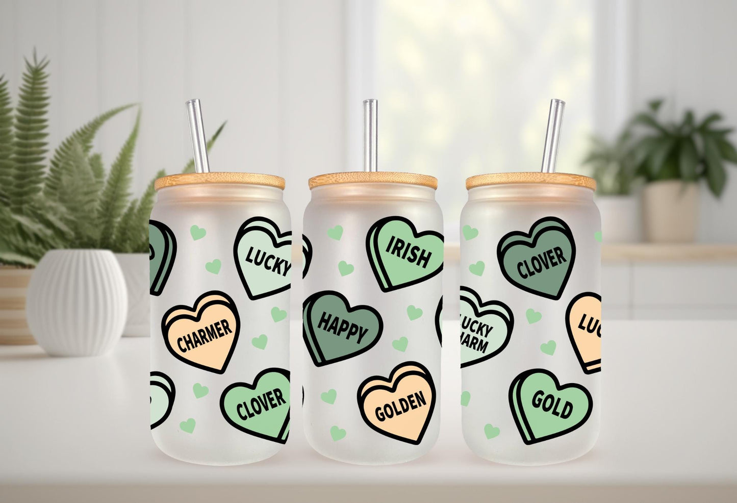 UVDTF Wrap St.Patrick Conversation Hearts 16oz Can Glass Mug Tumbler, Heart Wrap, Ready to apply, Permanent Waterproof Adhesive