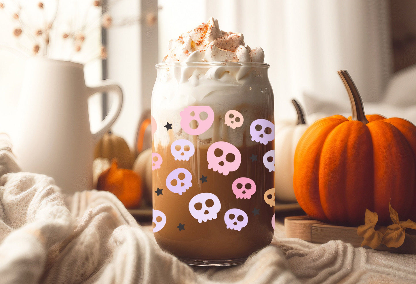UVDTF Wrap Colorful Skull  for 16oz Can Glass, Mug, or Tumbler, Halloween Candy, Ready to apply, Permanent Adhesive Waterproof
