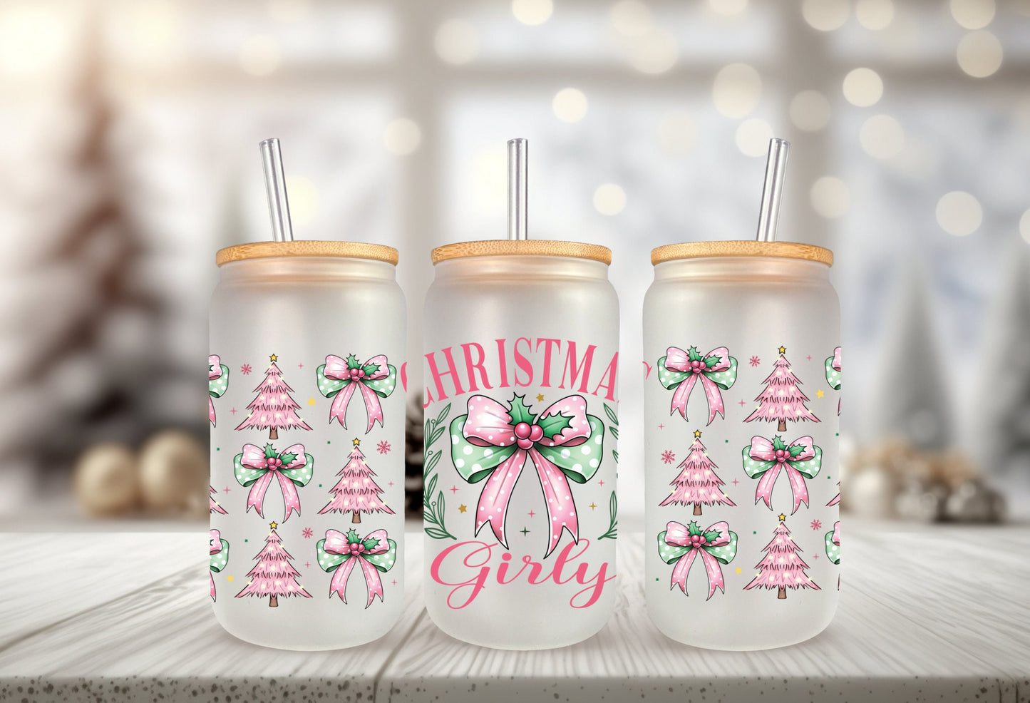 UVDTF Wrap Christmas Girly Coquettes Bows 16oz Can Glass, Mug,  40oz  Tumbler, Ready to apply, Christmas Wrap, Pink Green Wrap