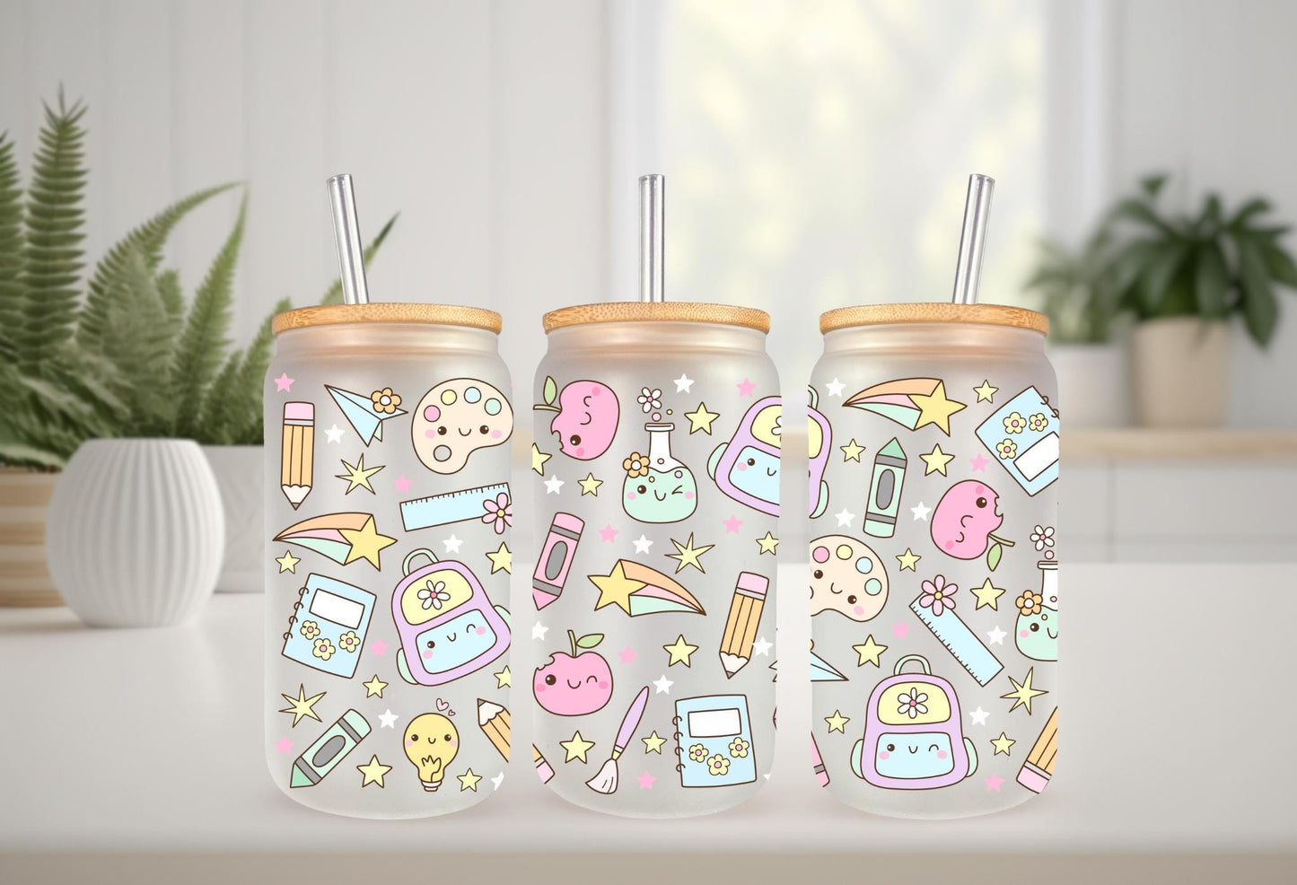 UVDTF Wrap Back to School Teacher 16oz Can Glass Mug Tumbler Wrap, School Wrap, Ready to apply, Permanent Waterproof Adhesive