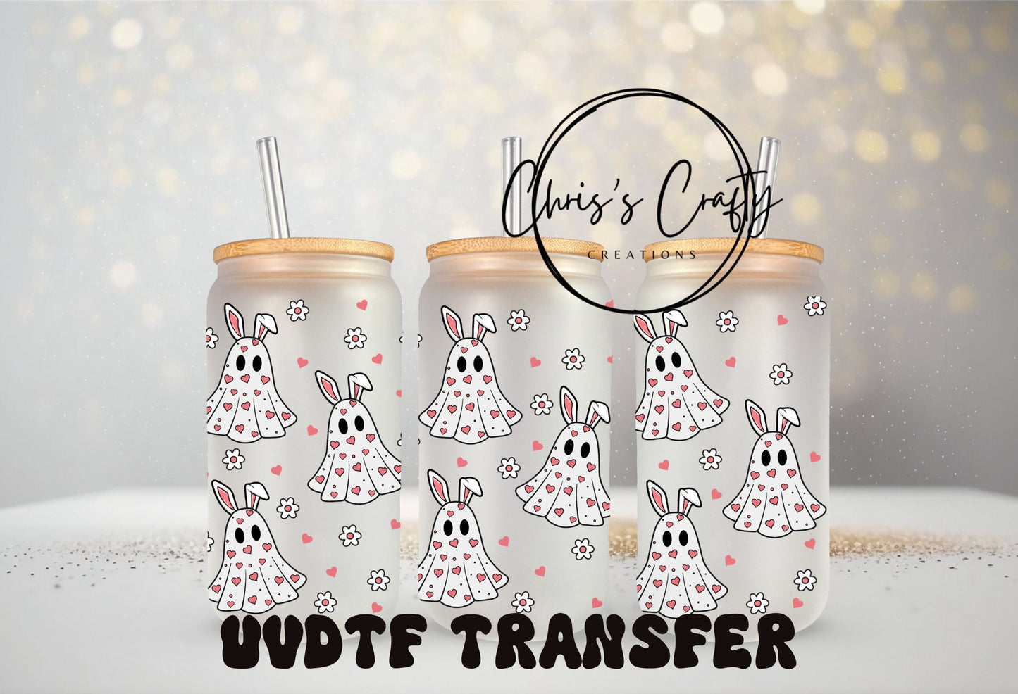 UVDTF Wrap Ghost Bunny Hearts 16oz Can Glass Mug Tumbler, Ready to Apply, Permanent Waterproof Adhesive