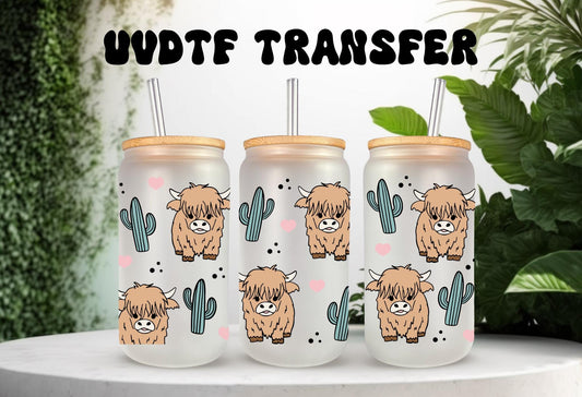 UVDTF Wrap Highland Cow Cactus for 16oz Can Glass Mug Tumbler, Ready to Apply, Permanent Waterproof Adhesive