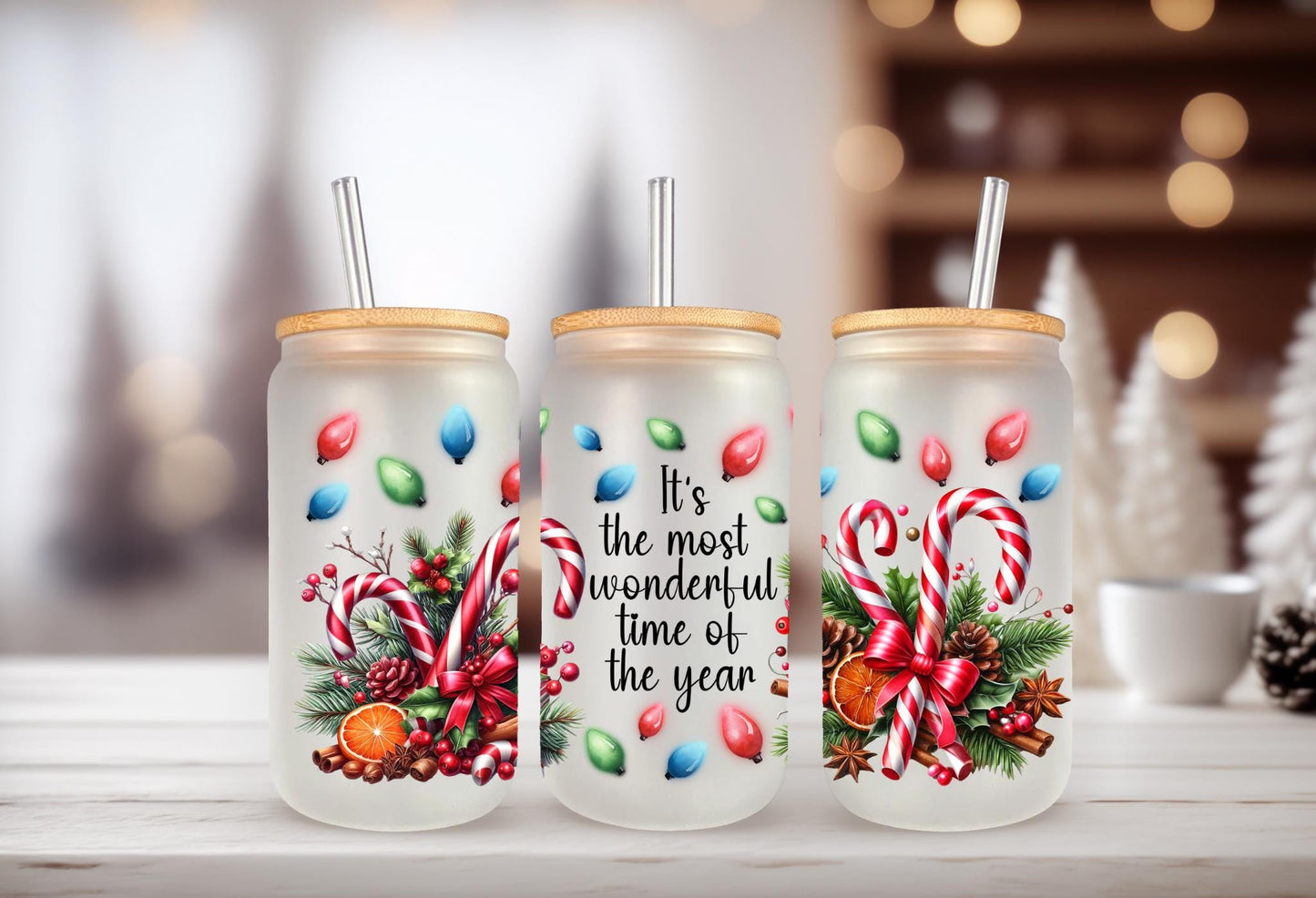 UVDTF WRAP Candy Cane Most Wonderful Time do the Year 16oz Can Glass Mug Tumbler, Ready to Apply, Permanent Waterproof Adhesive