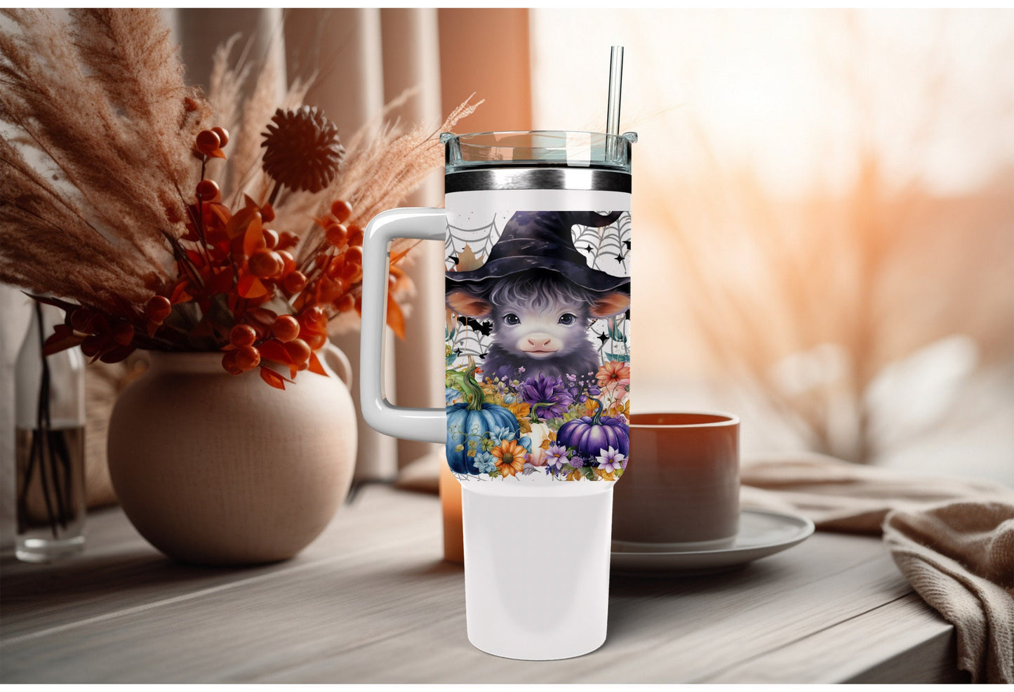 UVDTF Wrap Cow Witch Blue Floral Pumpkin 16oz Can Glass, Mug, Tumbler, Ready to Apply, Permanent Waterproof Adhesive