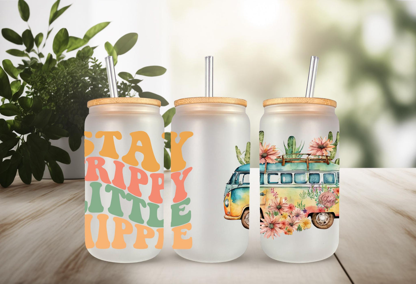 UVDTF Wrap Retro Stay Trippie Little Hippie Van 16oz Can Glass Mug Tumbler, Ready to apply, Permanent Waterproof Adhesive