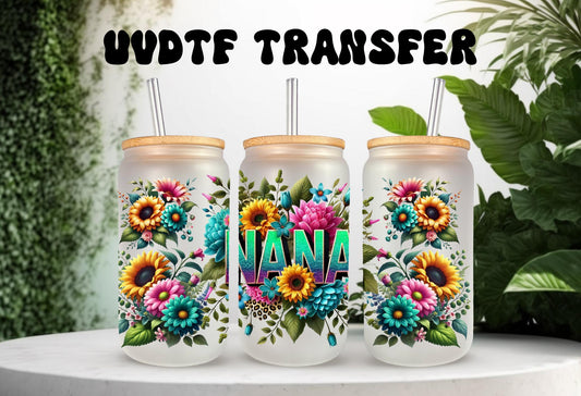 UVDTF Wrap Floral Nana for 16oz Can Glass Mug Tumbler, Grandmother Wrap, Ready to Apply, Permanent Waterproof Adhesive