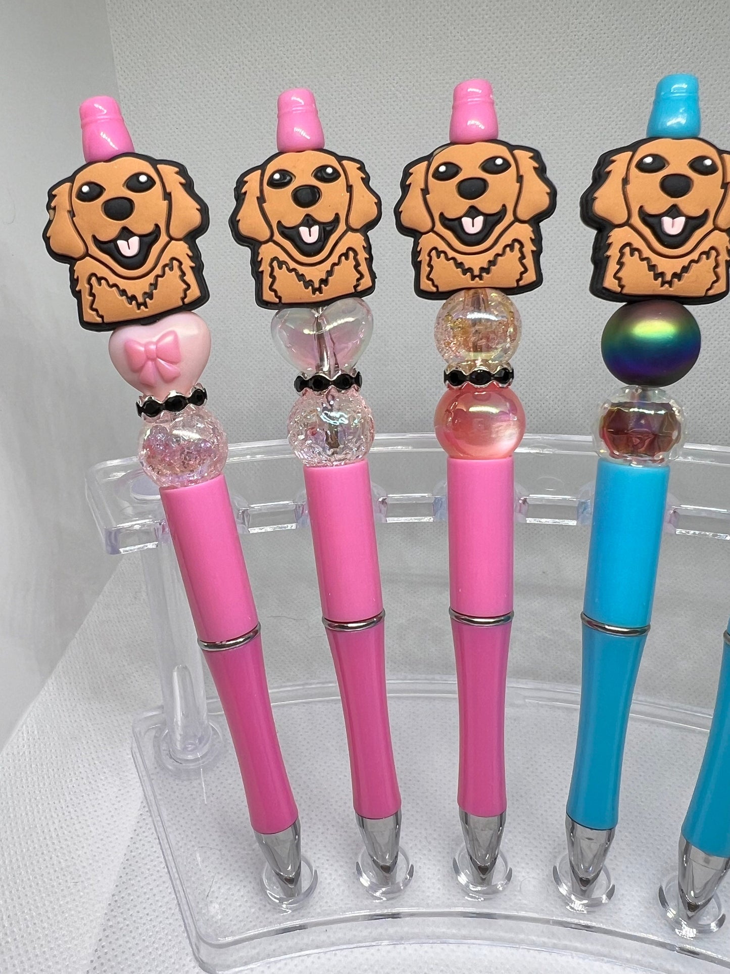 Golden Retriever Dog Beaded Pen Pink Blue Gold, Fun Pens Acrylic  Beads, Beaded Pen, Retractable Ink Pen, Gifts