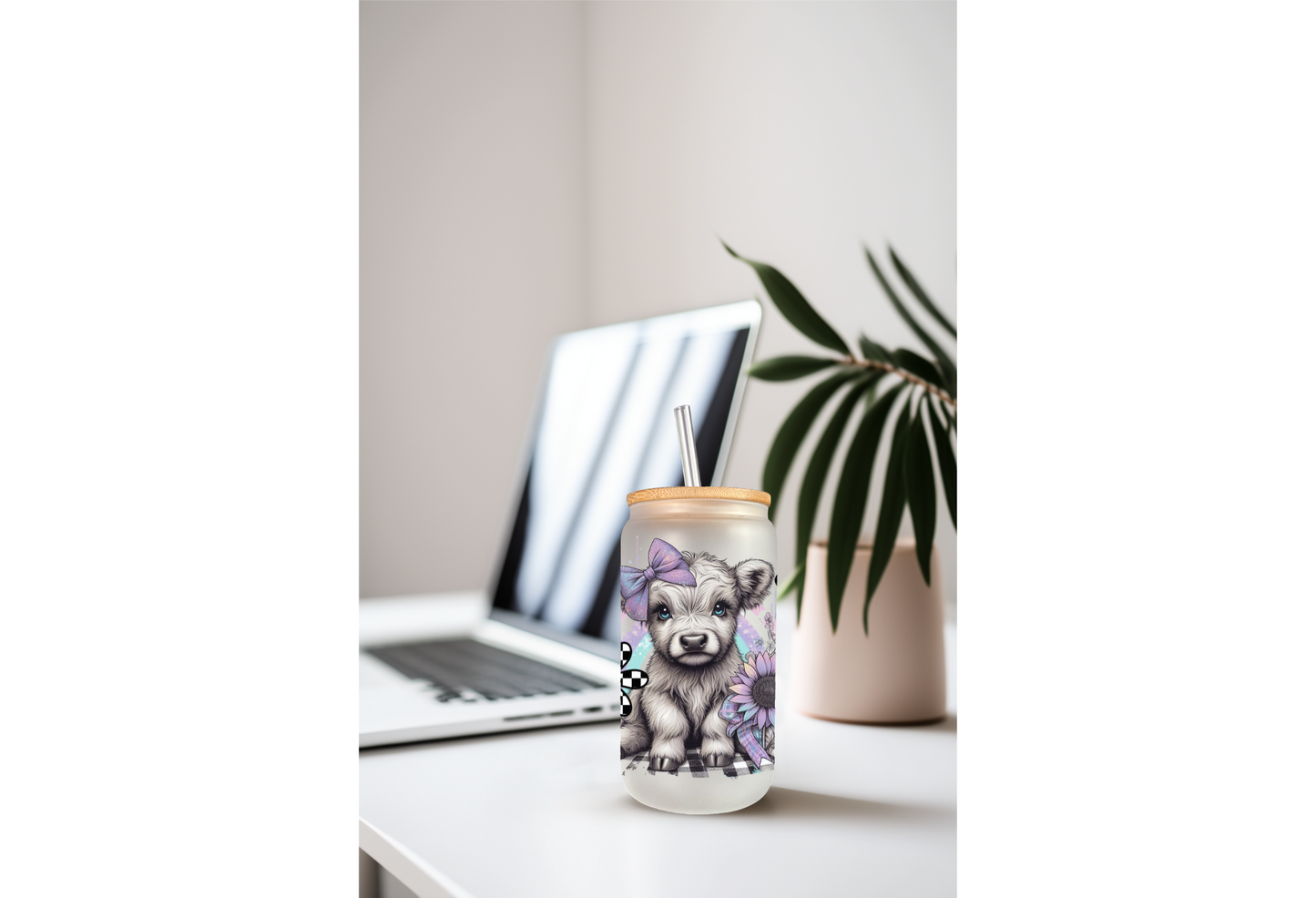 UVDTF Wrap Highland Cow Checkered Daisy 16oz Can Glass Mug Tumbler Wrap, Ready to apply, Permanent Adhesive