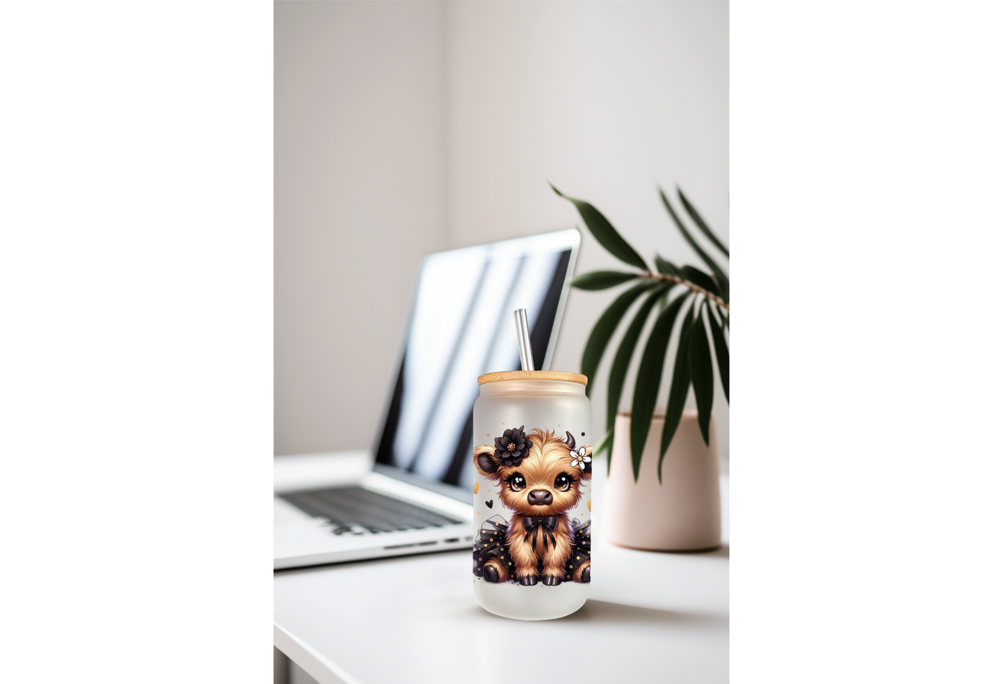 UVDTF Wrap Highland Cow Black Tutu Daisy 16oz Can Glass Mug Tumbler Wrap, Ready to apply, Permanent Adhesive