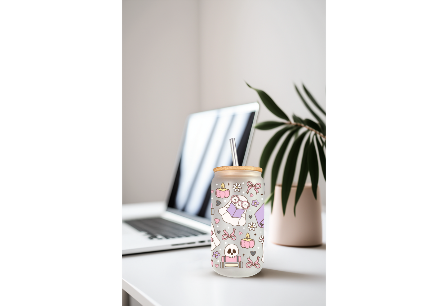 UVDTF Wrap floral Ghost Books 16oz Can Glass Mug Tumbler Wrap, Ready to apply, Permanent Waterproof Adhesive, Double sided option (Copy)