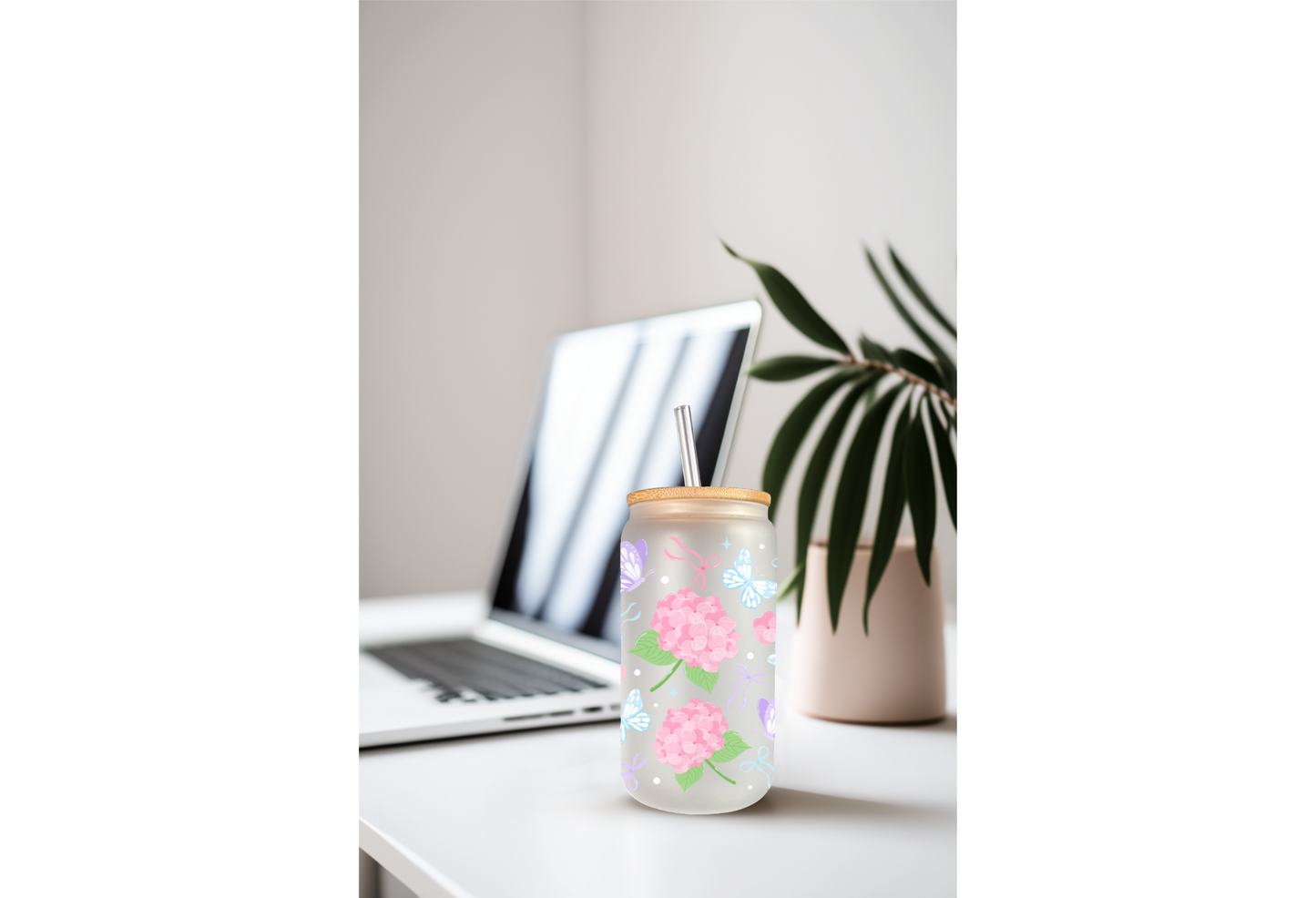 UVDTF Wrap Pink Hydrangea Butterfly 16oz Can Glass Mug Tumbler, Ready to apply, Permanent Waterproof Adhesive
