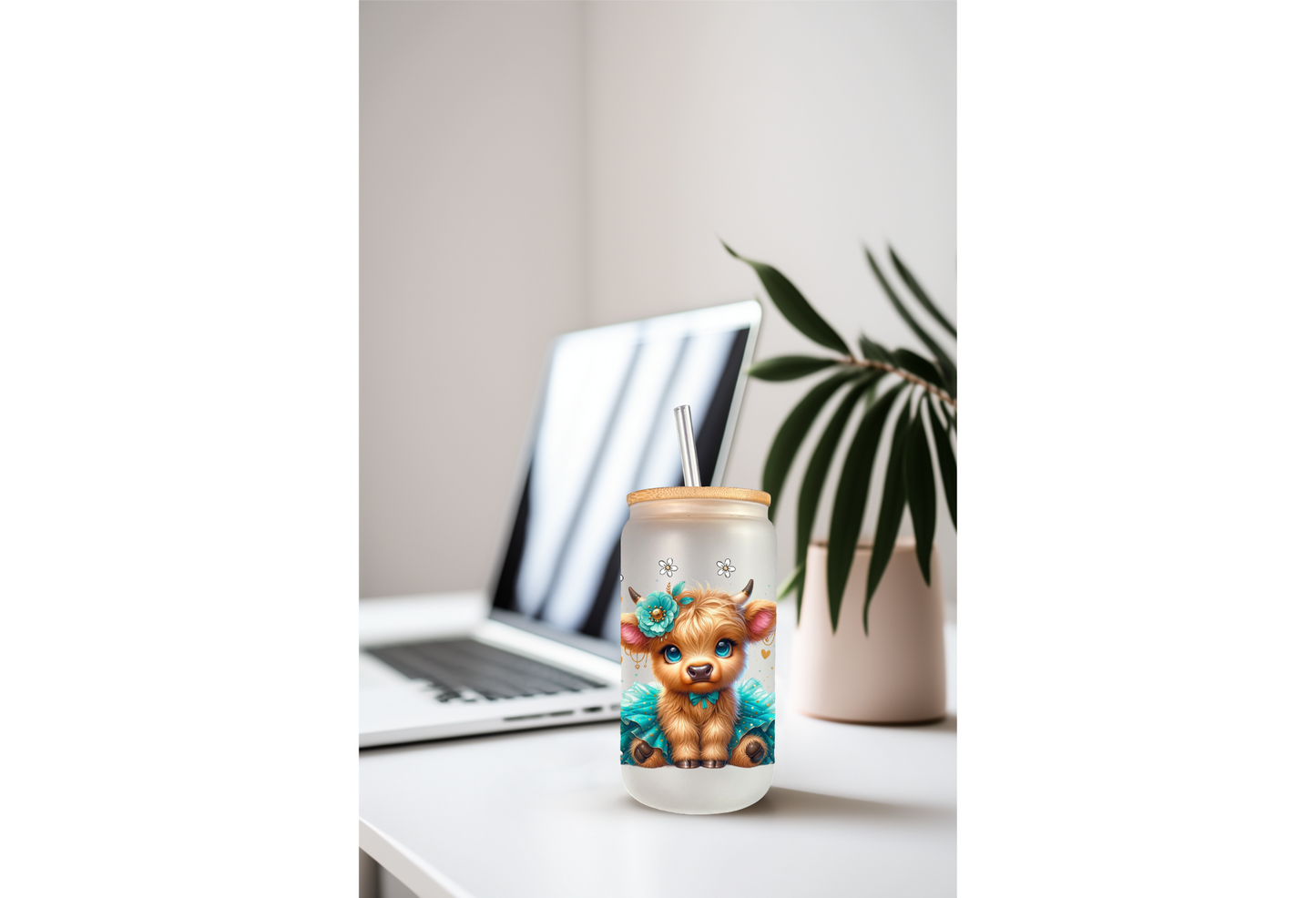 UVDTF Wrap Highland Cow Teal Tutu Daisy 16oz Can Glass Mug Tumbler Wrap, Ready to apply, Permanent Adhesive