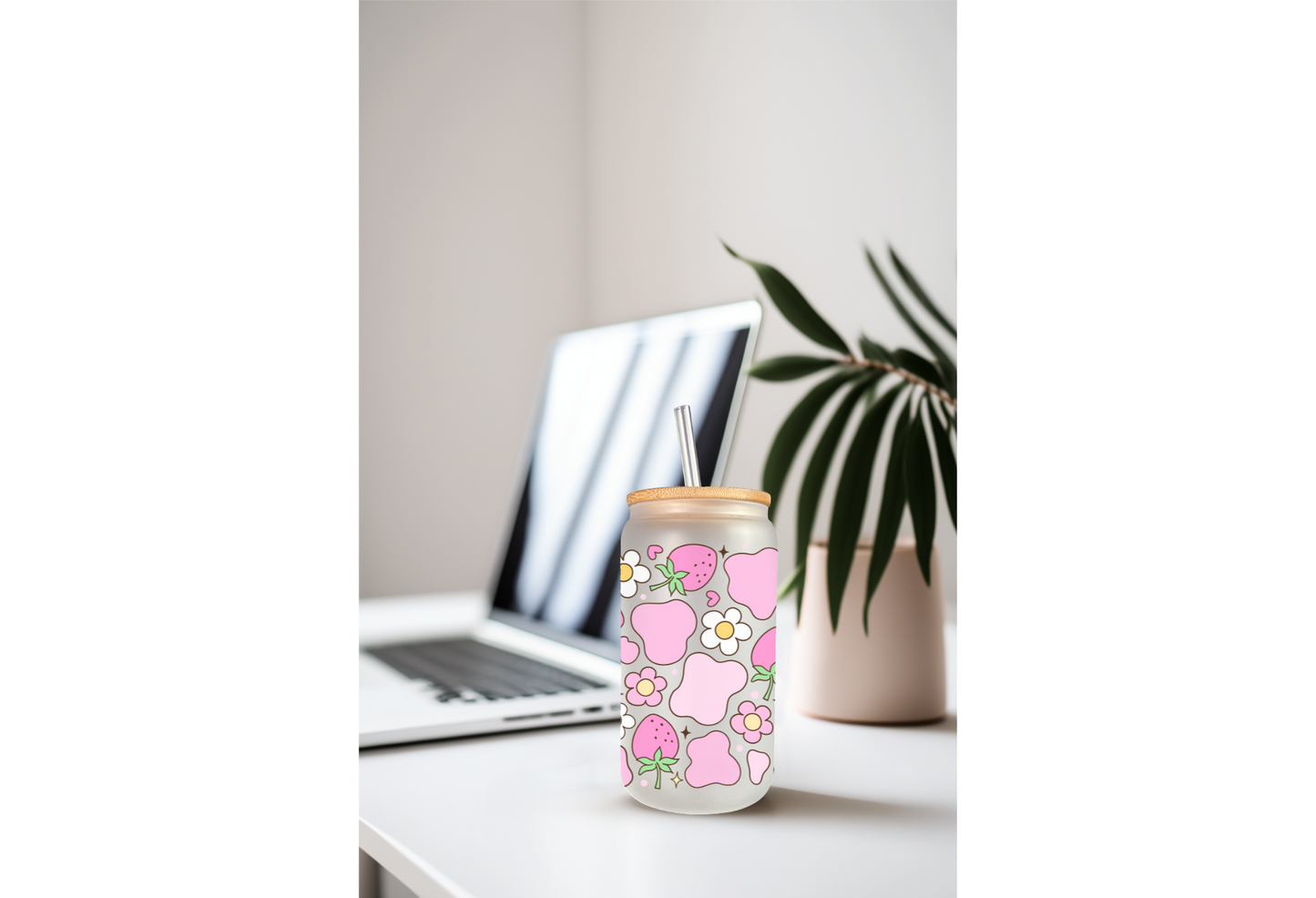 UVDTF Wrap Strawberry Cow Print Daisy 16oz Can Glass Mug Tumbler, Strawberry Wrap, Ready to apply, Permanent Waterproof Adhesive