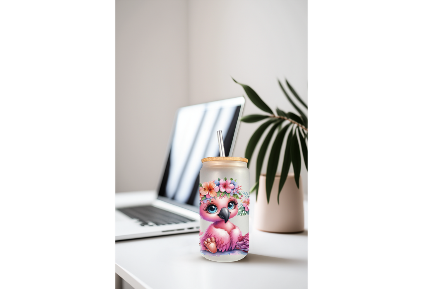 Floral Pink Flamingo UVDTF Wrap For 16oz Can Glass Tumbler, Ready to apply, Permanent Waterproof Adhesive