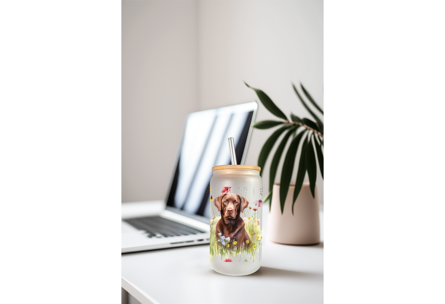 UVDTF Wrap Chocolate Lab Floral 16oz Can Glass Mug Tumbler, Dog Wrap, Ready to apply, Permanent Waterproof Adhesive
