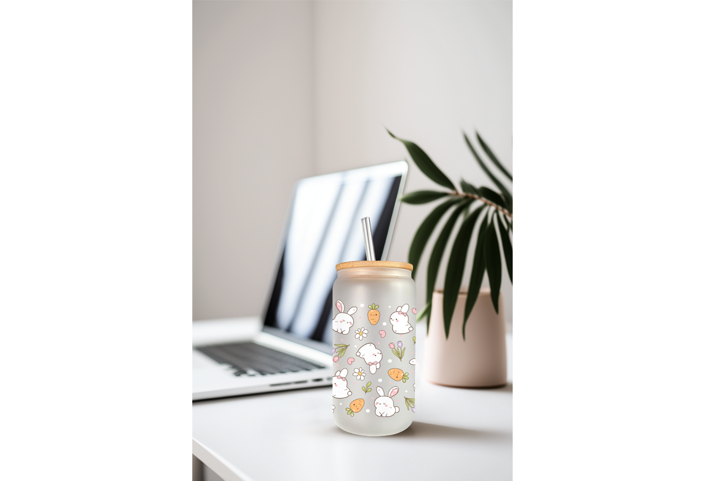 Product mockup of three 16oz glass cans featuring a Retro Bunny and Carrots UVDTF wrap with white bunnies, orange carrots, and spring flowers