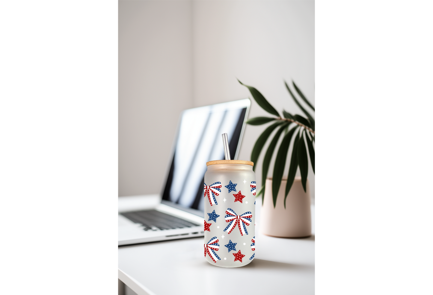 UVDTF Wrap 4th of July Bows Stars 16oz Can Glass Mug Tumbler, Ready to apply, Permanent Waterproof Adhesive