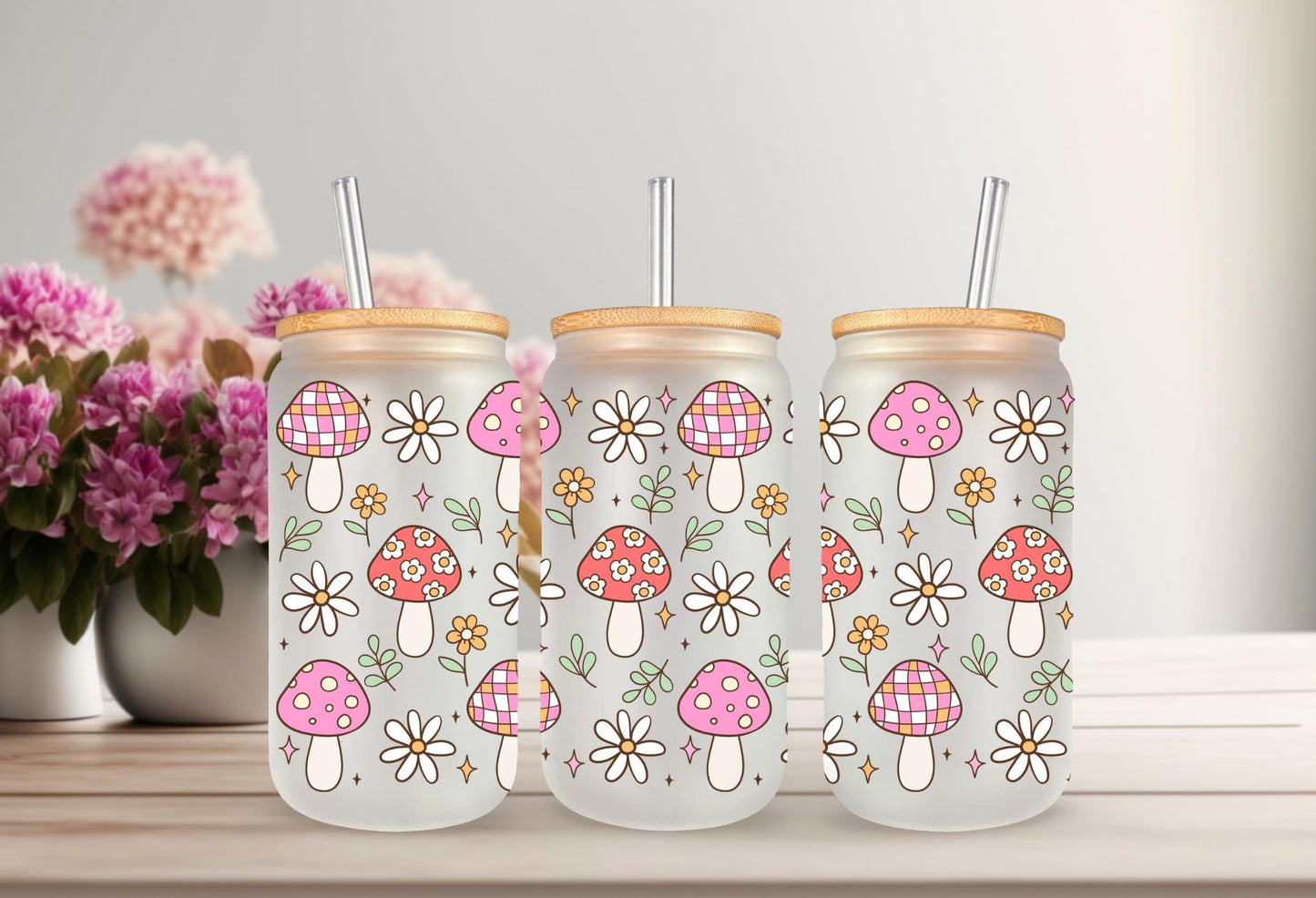 UVDTF Wrap Mushroom Daisy Bow 16oz Can Glass Mug Tumbler, Spring Mushroom Wrap, Ready to apply, Permanent Waterproof Adhesive