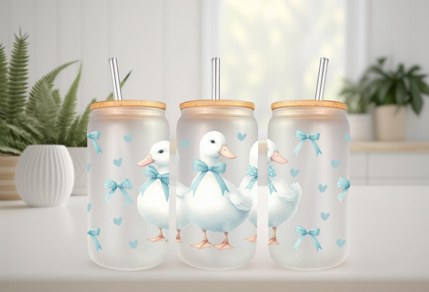 UVDTF Wrap Goose Blue Bows 16oz Can Glass Mug Tumbler, Ready to apply, Permanent Adhesive, Double sided option